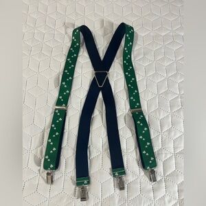 Vintage Pelican Green Shamrock Clover Suspenders Navy Backside ONE SIZE